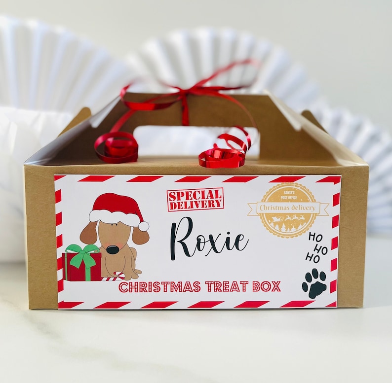 May include: A brown cardboard box with a red ribbon and a personalized Christmas treat box label. The label features a cartoon dog wearing a Santa hat, a red and white striped background, and the text "Special Delivery" and "Christmas Treat Box". The dog's name, "Roxie", is printed in large letters.