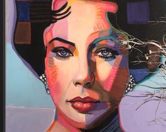 Elizabeth Taylor Original Painting Contemporary Realism Portrait Canvas Art Wheda Cubism Modern Movie Lavender Celebrity Vintage Hollywood