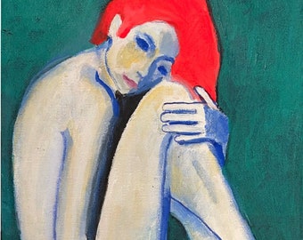 Figuratieve vrouw kunstprint: kleurrijk impressionistisch portret, expressieve figuurstudie origineel schilderij, archiefmuurdecor, gesigneerd