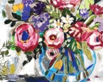 IMPRESSIONIST FLOWERS Large Impasto Still Life Painting on Canvas Colorful Signed Impressionism Floral Vase Textured Home Decor Wall Art