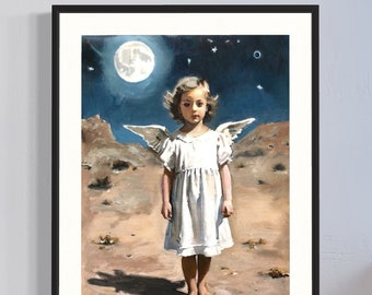 Eclipse ange fille impression d'art peinture à l'huile originale portrait impressionniste contemporain fantastique lune paysage moderne figuratif chambre d'enfants