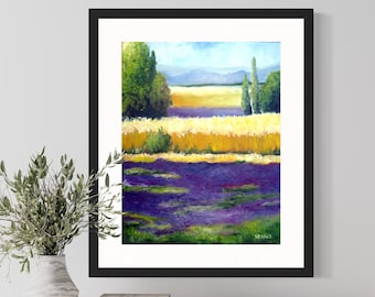 Peinture originale lavande Français impression d'ART impressionniste contemporain France paysage pittoresque impressionnisme fleurs violettes ferme moderne
