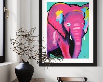 BABY ELEPHANT Art Print Original Painting Pop Art Cartoon Abstract Wildlife Animal Portrait Topical Safari or Kids Room Home Decor Wall Art