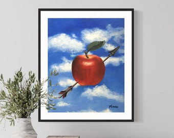 Pomme surréaliste impression d'art peinture contemporaine amour flèche Adam et Eve bleu ciel nuages surréalisme décoration d'intérieur art mural réaliste