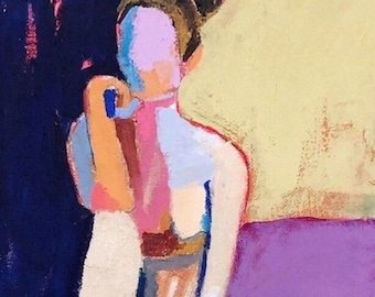 Figuratieve vrouwenkunstdruk: kleurrijk impressionistisch portret, expressieve vrouwelijke figuurstudie, moderne denker, wanddecoratie archief