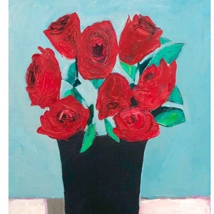 Red Roses Still Life Original Painting ART PRINT Contemporary Impressionist  Impressionism Folk Art Flowers Farmhouse Modern Floral Decor