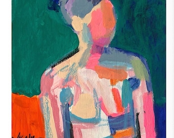 Figuratieve abstracte vrouw ART PRINT origineel schilderij hedendaagse impressionistische portret impressionisme kleurrijke vrouwelijke figuur studie ondertekend