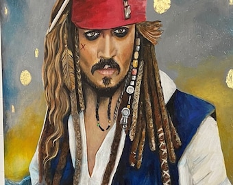 Portretschilderij Jack Sparrow: grote acrylcanvaskunst met bladgoud, originele Johnny Depp Pirate fan mediakamer filmkunst, gesigneerd COA