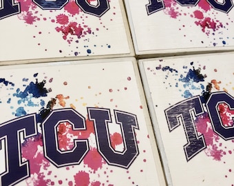 COASTERS Set of 4 Handmade Ceramic Original Art Tiles TCU Texas College Football Logo Abstract Colorful Splatter Paint Sports Fan Gift Set