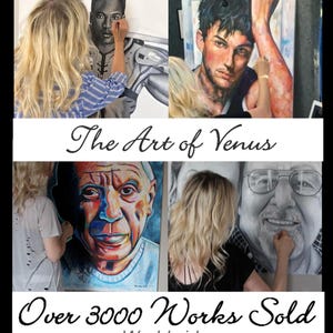 May include: An image promoting "The Art of Venus", displaying several portraits. The artwork includes both colour and monochrome portraits. The text "Over 3000 Works Sold Worldwide" is also present, indicating the artist's global reach and success.