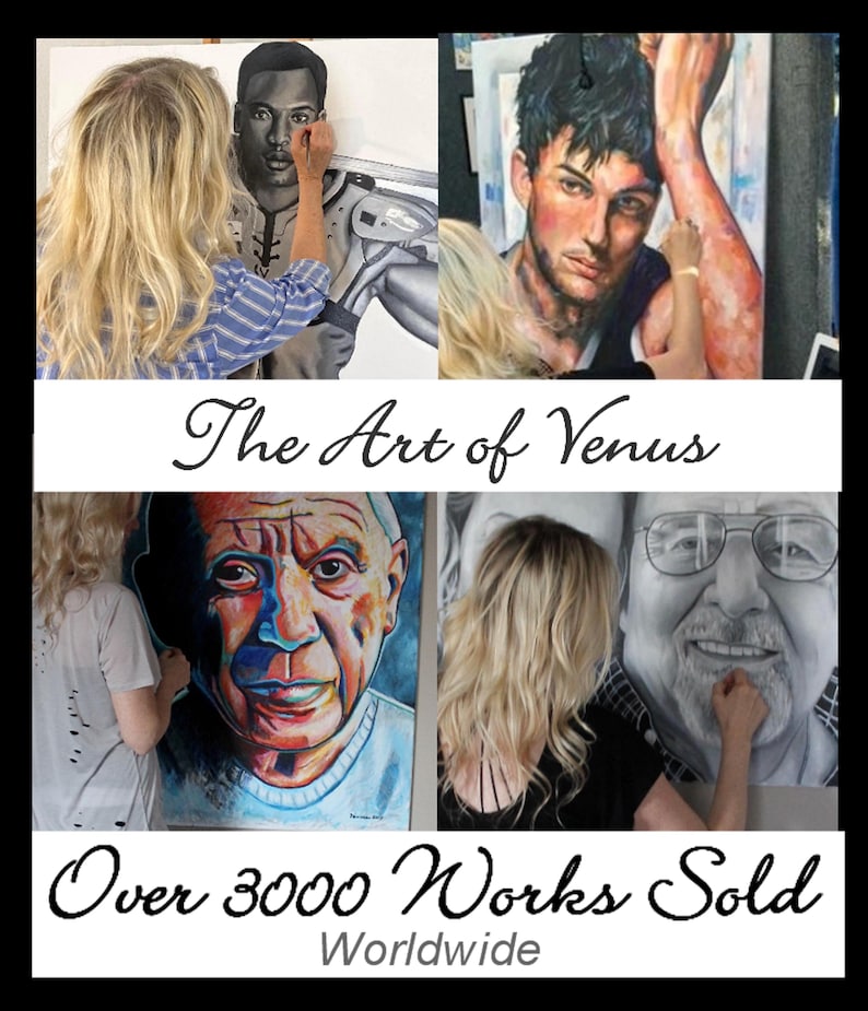 May include: An image promoting "The Art of Venus", displaying several portraits. The artwork includes both colour and monochrome portraits. The text "Over 3000 Works Sold Worldwide" is also present, indicating the artist's global reach and success.