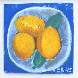 Original Lemons Painting: Impressionist Still Life, Kitchen Citrus Art