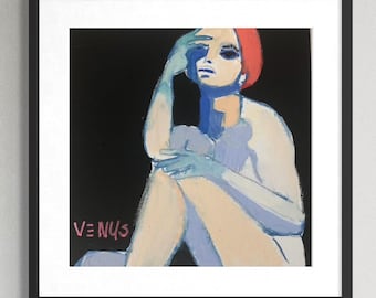 May include: A framed painting featuring a seated figure with blue skin and a red cap against a black background. The word "VENUS" is written in pink in the lower left corner. The artwork is in a black frame.