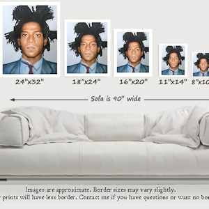 May include: A collection of framed art prints showcasing a portrait of a man with unique hair. The prints range in size, from approximately 13cm x 18cm to 61cm x 81cm, arranged above a white sofa. Text indicates the sofa is 229cm wide. Additional text mentions border sizes and contact information.