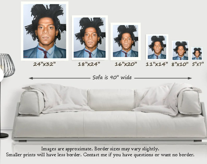 May include: A collection of framed art prints showcasing a portrait of a man with unique hair. The prints range in size, from approximately 13cm x 18cm to 61cm x 81cm, arranged above a white sofa. Text indicates the sofa is 229cm wide. Additional text mentions border sizes and contact information.
