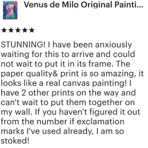 May include: A review of a print titled "Venus de Milo Original Painting." The review includes the word "STUNNING!" and praises the print's quality, comparing it to a canvas painting. The reviewer is excited to frame it.