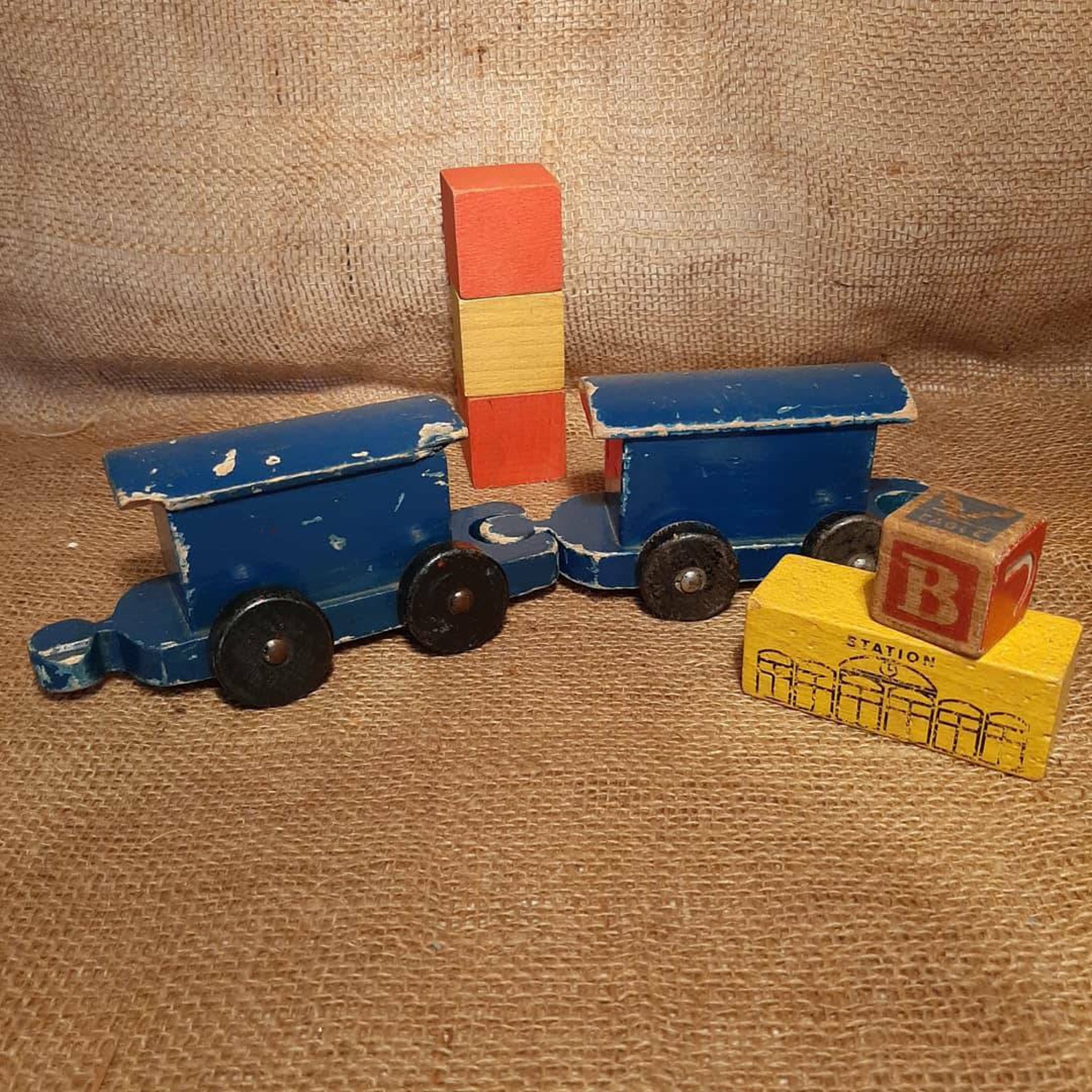 Two original blue vintage wooden train wagons/carriages Etsy