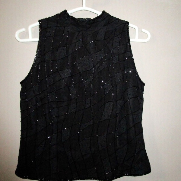 Vintage Debbie Shuchat 100% Silk Shell BUGLE BEAD & Embroidered DS Sleeveless Top U.S.A. sz 6