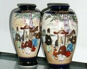 Pair SATSUMA POTTeRY VASeS COBALT BlUE Scholars Geisha JAPANESE UnSIGNED c 1940