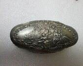 Vintage REPOUSSE Signed JaPAN JEWELERY Trinket Box with Red Velvet Lining SILVERPLATED with Hinged Lid
