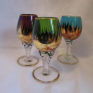 Vtg Set Venetian Harlequin Liqueur Shot Glasses Blue Green Amethyst Gold Flame