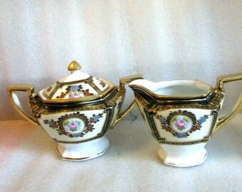Check Sale Details! LOVELY Antique NORITAKE CREaM & SUGaR Set Hand Painted Rose Laurel Wreath w GoLD Trim!