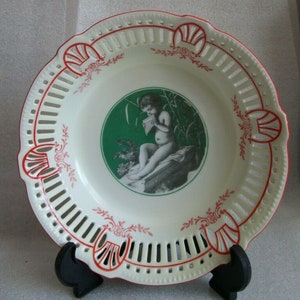 Antique GERMAN Decor BOWL RETICULATED Black & White Mythological Pan Pied Piper!