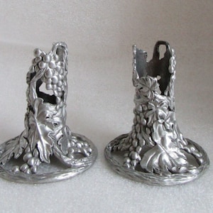 Vintage Pair c 1991 SEAGULL Signed Pewter Taper Candle Holder CANDLESTICK Grapes Leaf