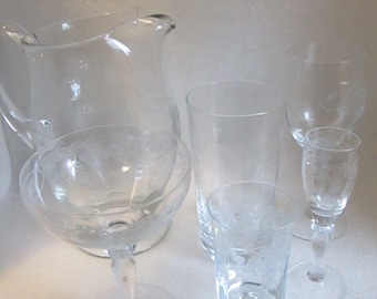 Check Sale Details! Bohemia Crystal Crystalex Etched THISTLE Cordial Juice Champagne Glasses Pitcher Choice