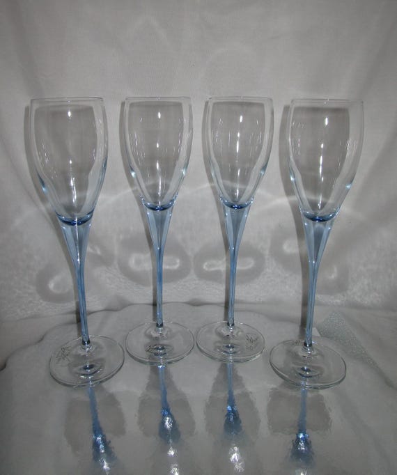 Vtg lot of 4 Le Gocce Italy Azure Blue Color Glass Champagne Flute Goblets 6 oz