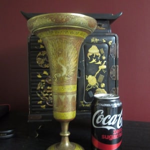 Check Sale Details! Vintage Peacock Engraved Choice of BLACK or BROWN Enamel Brass Home Decor Vase Hand Crafted Made in India Signed