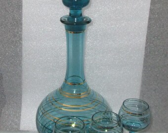 MCM Borske Sklo Bohemian Style Gold & White Turquoise Glass Sherry Decanter Set