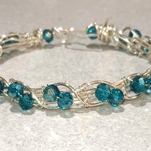Silver Plated Wire Wrapped Bracelet: Teal Crystal Bangle
