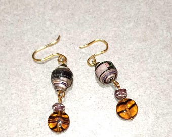 Handmade Paper Bead Dangle Earrings: Recycled Jewelry