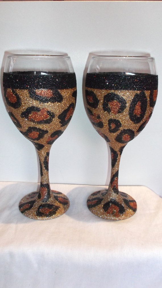 Hand Decorated Glitter Wine Glasses Leopard Zebra Spiked Etsy