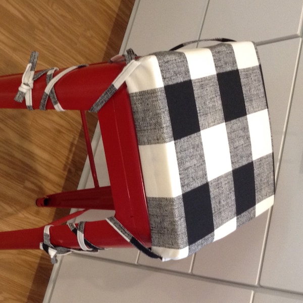 Square bar stool cushion, Black and white Buffalo Check Bar stool Cushion Cover.  Metal Stool cushion pad with XL ties to stay put