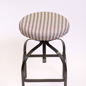 French Ticking elasticized round barstool cover, kitchen stool cover, Cottage Chic, Vintage Farmhouse, Hayes Denton fabric with black stripe