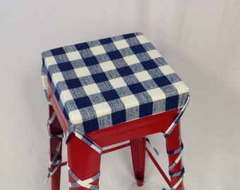 Square bar stool cushion, Navy and White Buffalo Check Bar - 1" check - stool Cushion Cover.  Metal Stool cushion pad Farmhouse Stool