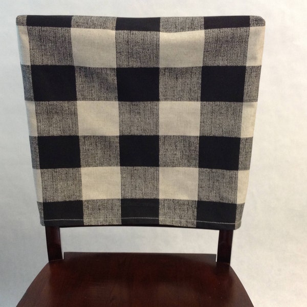 Chair Back Covers Anderson Black Linen Buffalo Plaid Check Fabric kitchen chair back cover. Cottage chic, rustic fitted cover