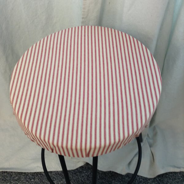 French Ticking Red On Ivory elasticized round barstool cover, kitchen stool seat cover, Cottage Chic, Vintage Farmhouse, French Industrial