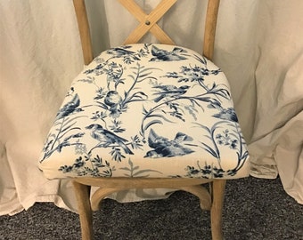 Chair Cushions with rounded back  -  18" double ties  -  Farmhouse Cushions - Chair Pads - rounded back - Ivory Linen with Sparrows