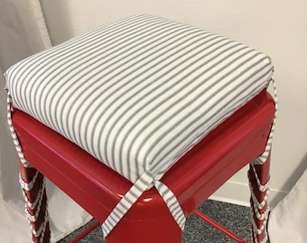 Square bar stool cushion - French Ticking Stripe Fabric - Cushion Cover with 2" thick foam -  Metal Stool cushion pad - Custom Ties