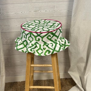 Round skirted barstool seat cover with piping and skirt in washable Geometric Trellis Print - grand millenia home decor - ruffled skirt