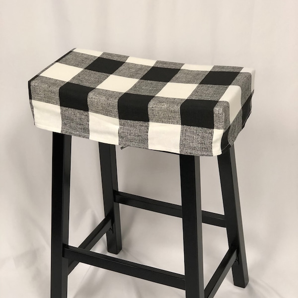 Fitted saddle stool seat cushion, Buffalo Check, Saddle stool slipcover in many sizes & colors. Plaid rectangular kitchen or bar stool pads