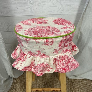 Round skirted barstool seat cover with piping and skirt in washable Toile pink and ivory fabric - grand millenia home decor - ruffled skirt