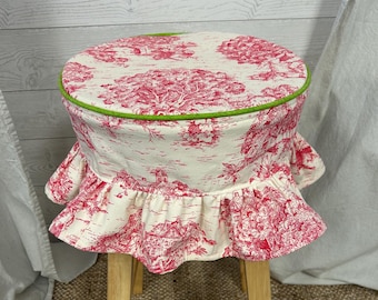 Housse de tabouret de bar en toile : jupe à volants rose et ivoire, décor Grand millénaire