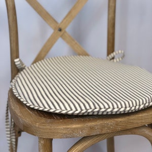 Round bistro cushion in French Ticking Stripe - For INDOOR Use Only - Rustic Tie Back Chair Cushion - Shabby Chic Cushion - round chair pads