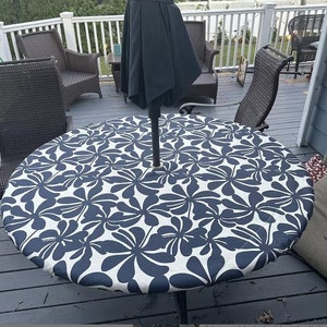Round fitted tablecloth with optional 2&quot; Umbrella Hole and drawstring - washable - polyester outdoor fabric - tablecloth with umbrella hole