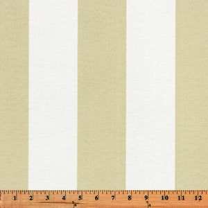 May include: Beige and white striped fabric with a repeating pattern. The fabric is woven and has a subtle texture.