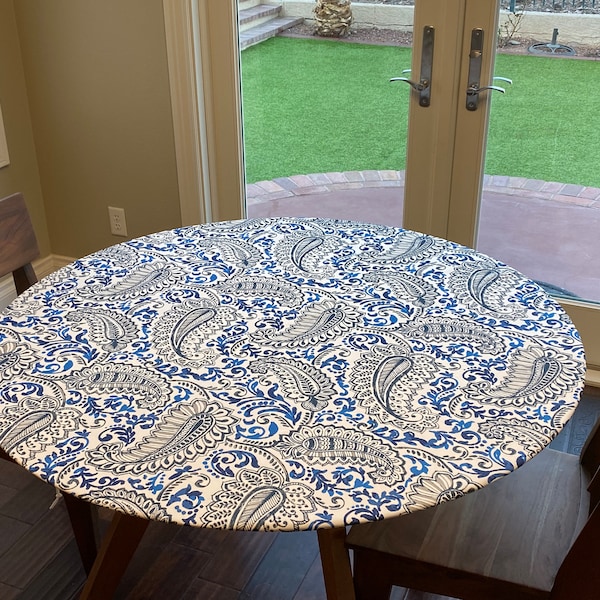 Round Outdoor Fitted Tablecloth. Soil and Stain Resistant. Washable. Select from elastic or drawstring.  Shannon Oxford/Cobalt Navy